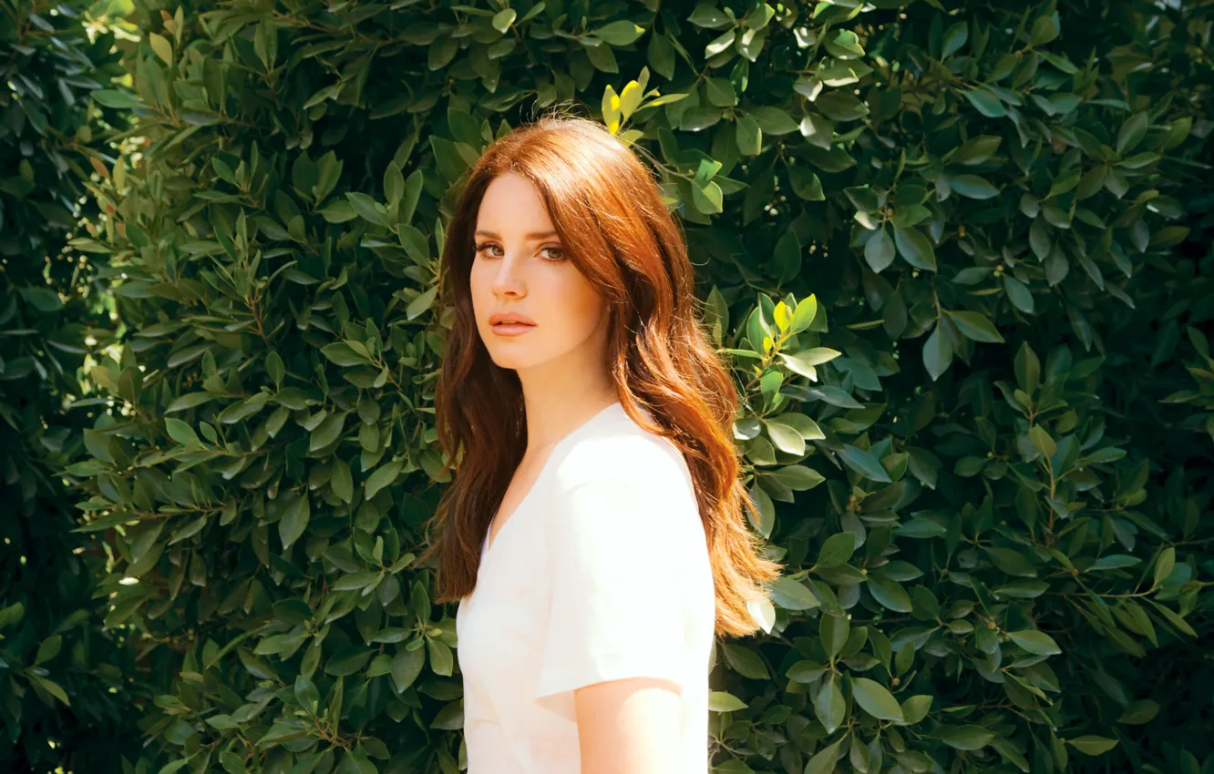 Фото обои листья, девушка, фон, волосы, певица, рыжие, длинные, Lana Del Rey