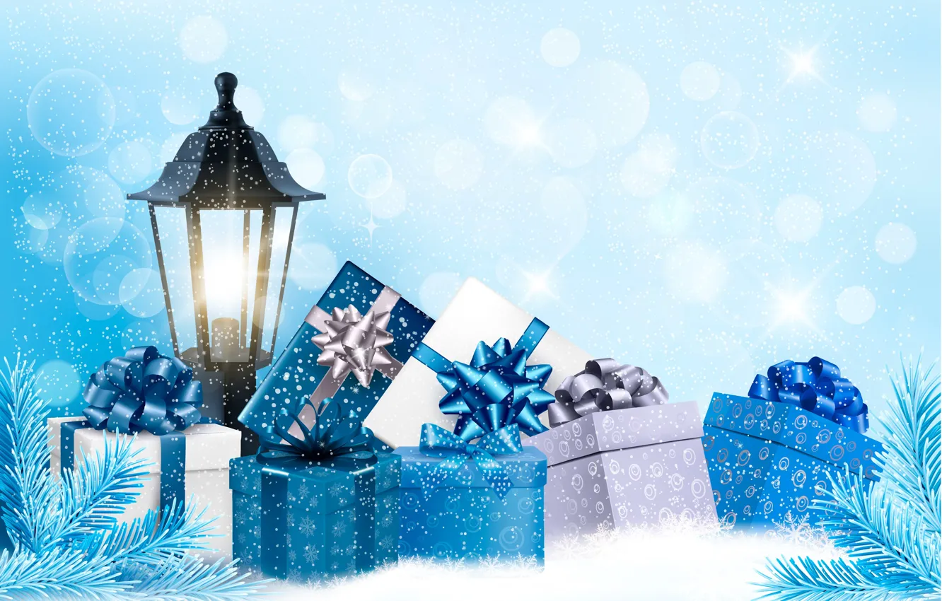 Фото обои снег, праздник, новый год, фонарь, подарки