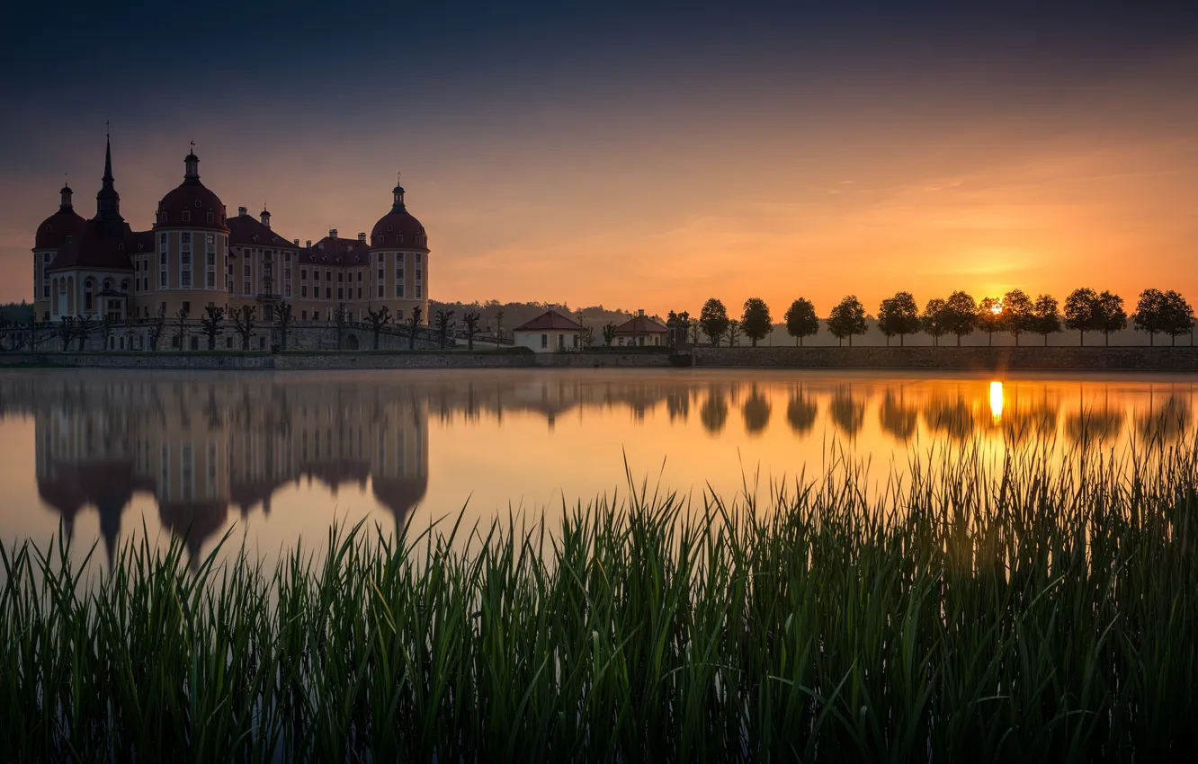 Фото обои закат, замок, Германия, водоем