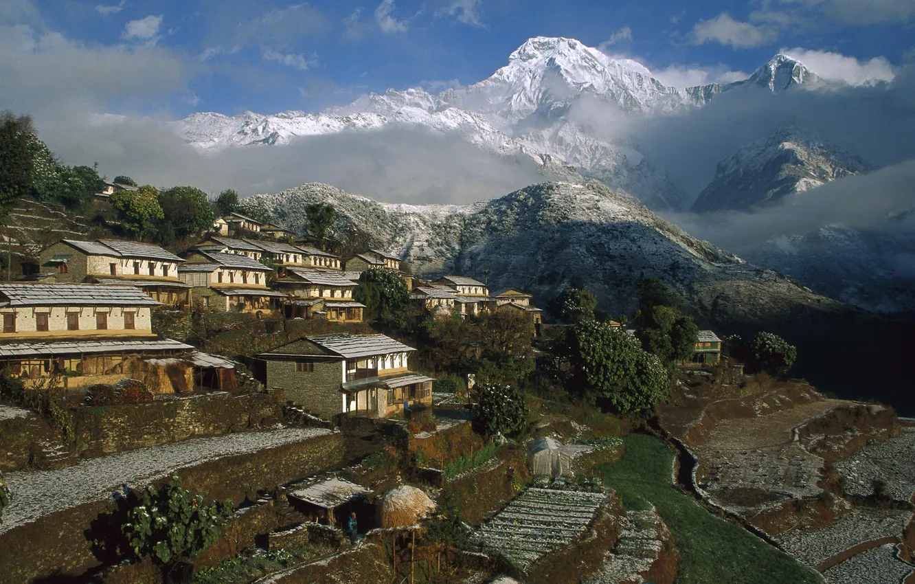 Фото обои горы, дома, деревня, Непал, Ghangdrung village