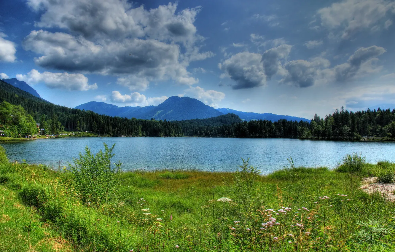 Фото обои трава, пейзаж, горы, природа, река, фото, Германия, Бавария