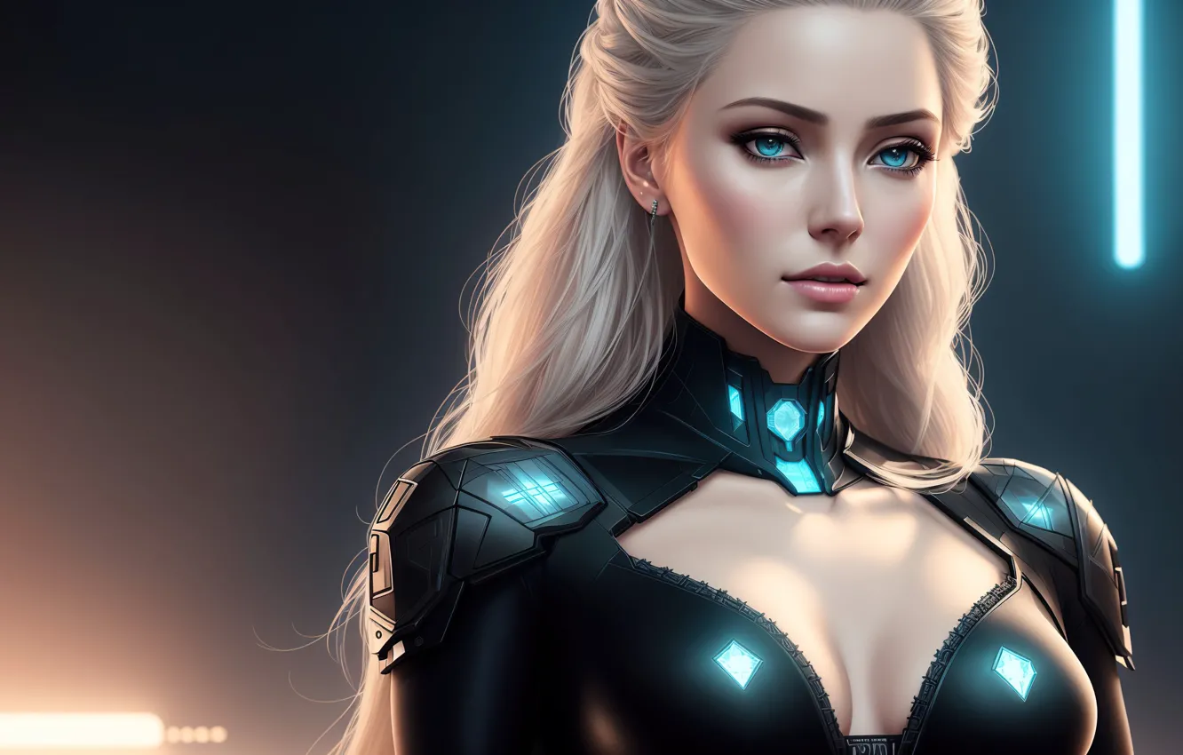 Фото обои girl, fantasy, armor, art, cyberpunk, blond, digital art, fantasy art