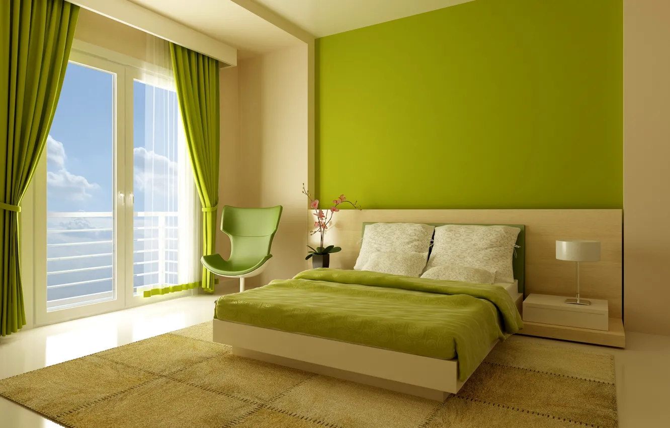 Фото обои дизайн, стиль, комната, кровать, интерьер, кресло, окно, зеленое