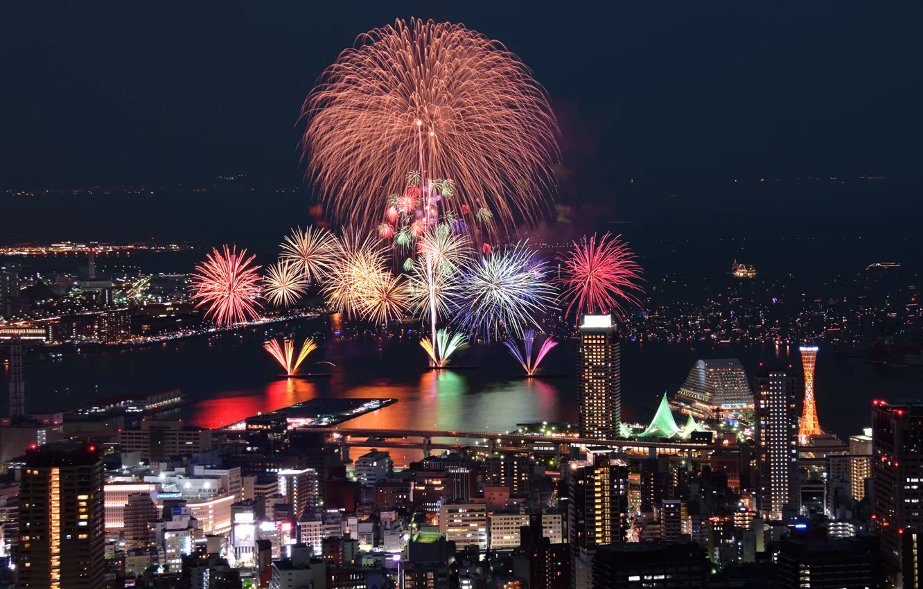 Фото обои Япония, фейерверки, japan, гавань, fireworks, harbor, Кобе, kobe