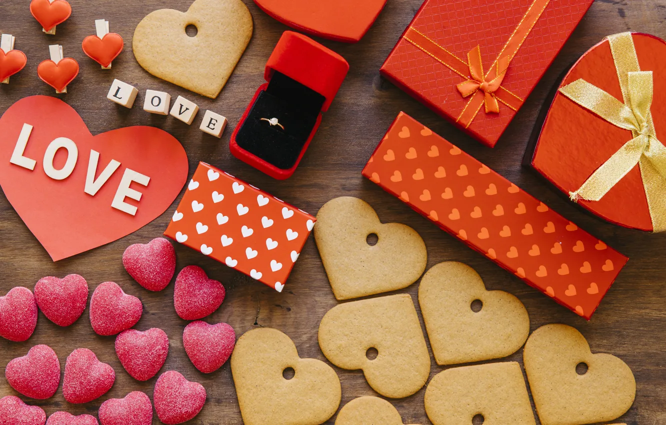 Фото обои любовь, коробка, сердце, печенье, кольцо, подарки, День Святого Валентина
