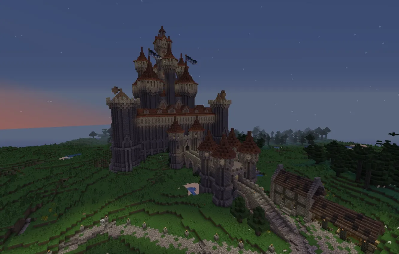 Фото обои крыша, небо, трава, звезды, деревья, мост, замок, земля