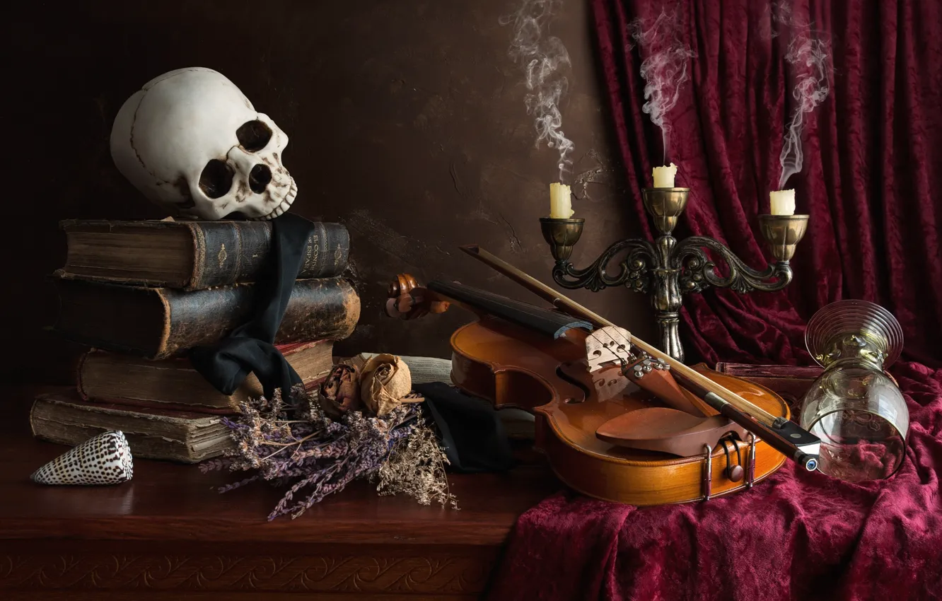 Фото обои скрипка, бокал, книги, череп, свечи, натюрморт, сухоцвет