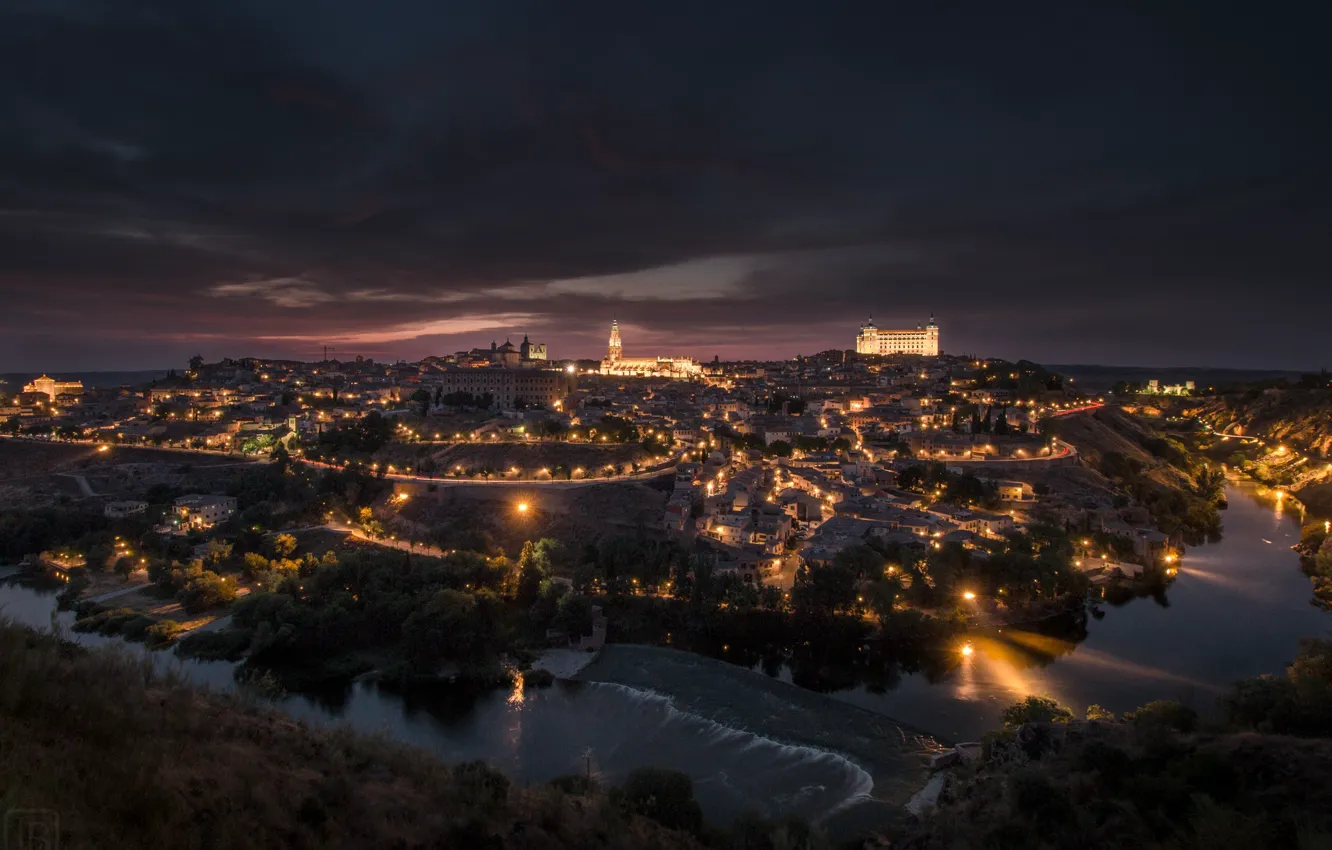 Фото обои ночь, город, огни, панорама, Испания, Толедо