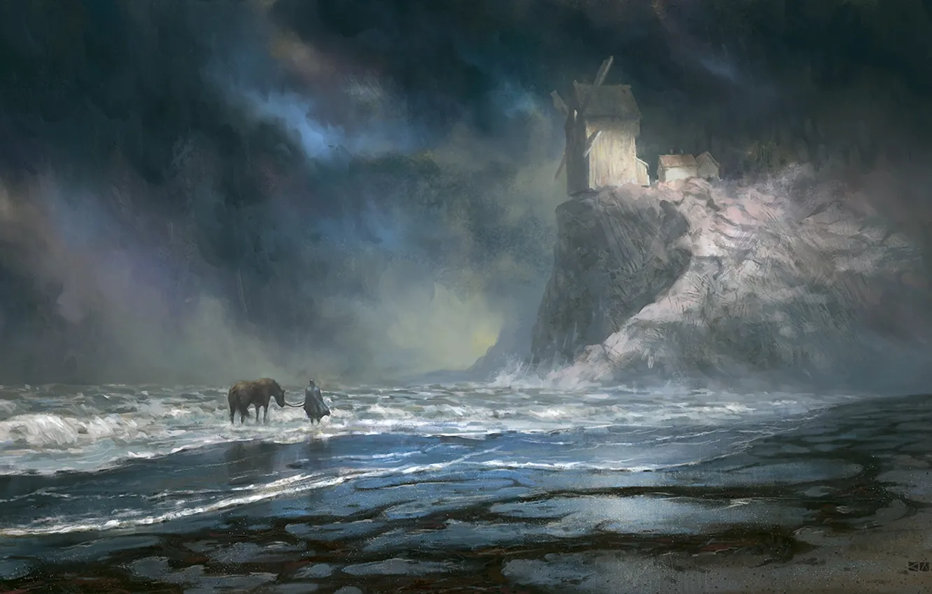 Фото обои море, лошадь, человек, арт, непогода, нарисованный пейзаж