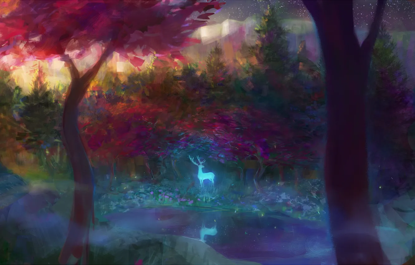 Фото обои лес, деревья, туман, ручей, свечение, дух, олень, арт