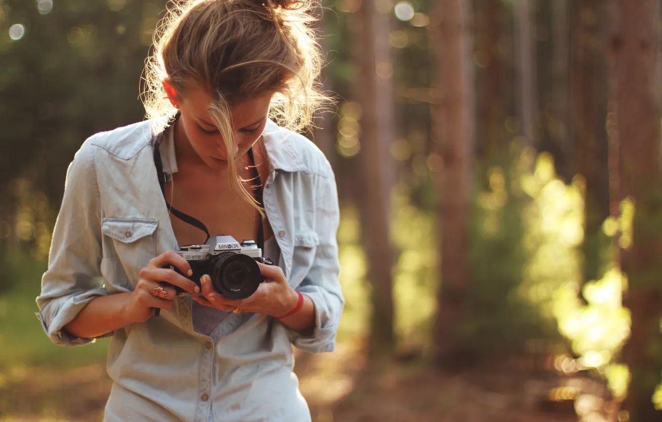 Фото обои лес, девушка, настроение, фотоаппарат