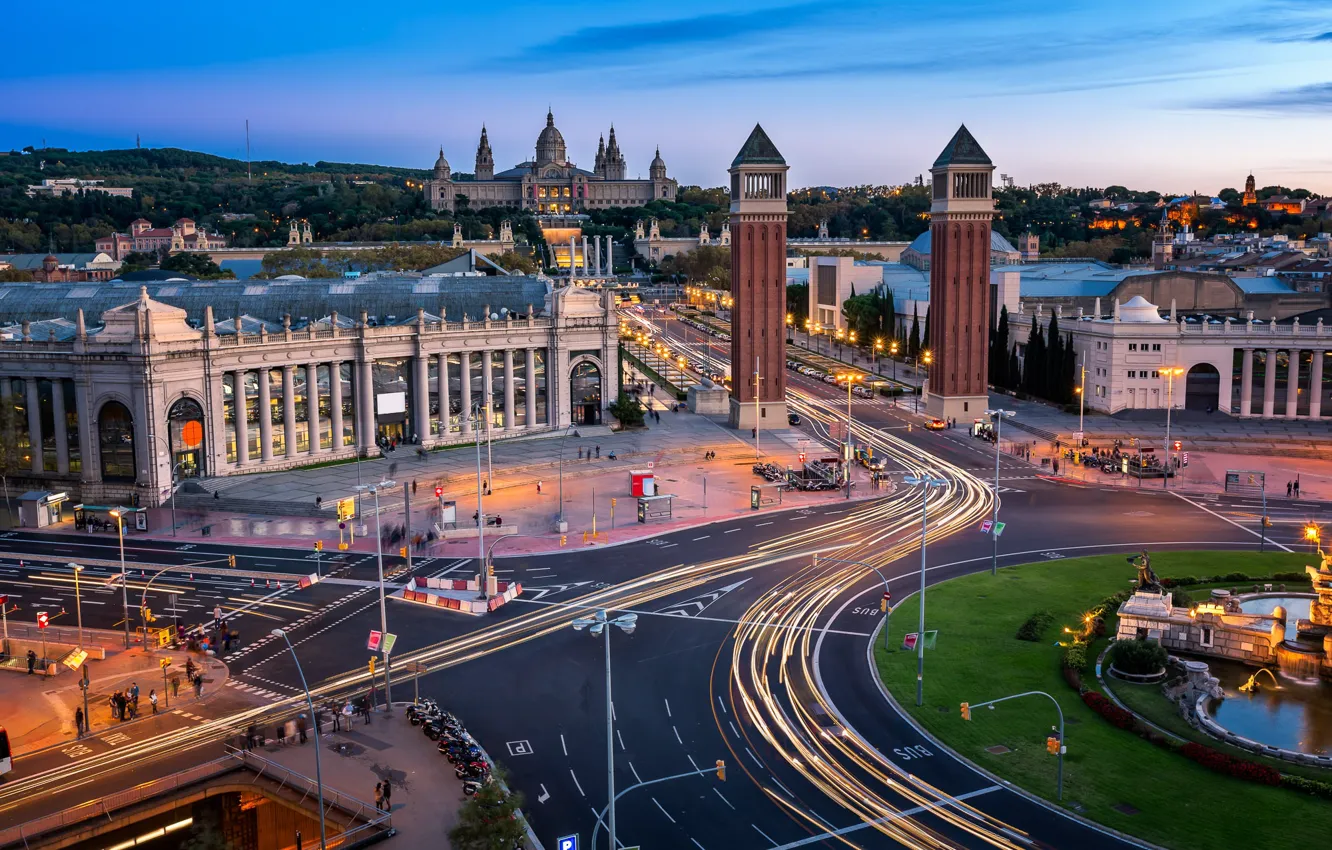Фото обои дорога, башни, архитектура, Испания, Барселона