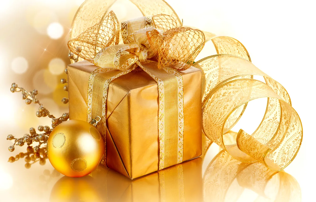 Фото обои украшения, золото, подарок, Рождество, лента, Новый год, golden, Christmas