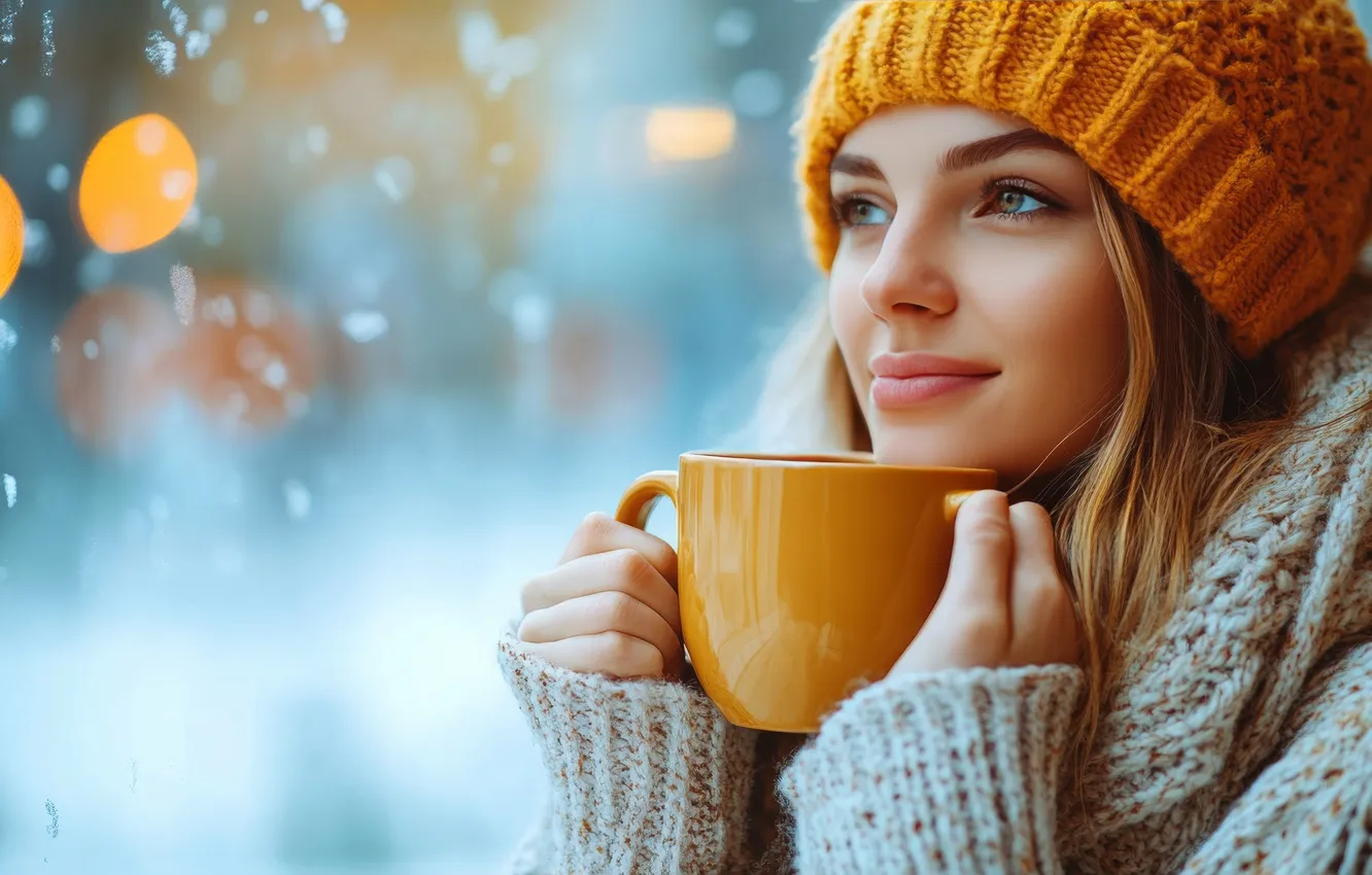 Фото обои зима, мечта, взгляд, стекло, девушка, снег, лицо, огни