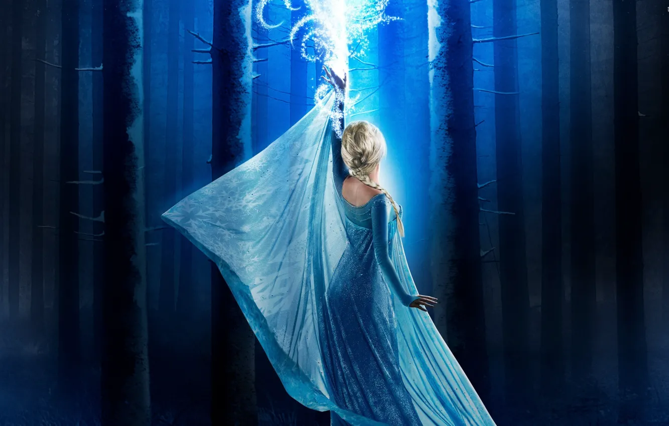 Фото обои Frozen, girl, ice, forest, magic, long hair, dress, woman
