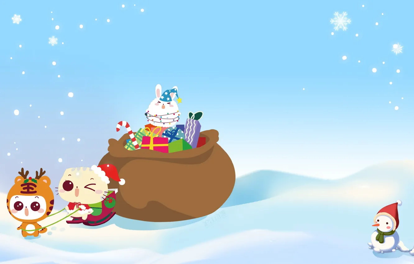 Фото обои зима, праздник, аниме, арт, подарки, Новый год, снеговик, снежинка