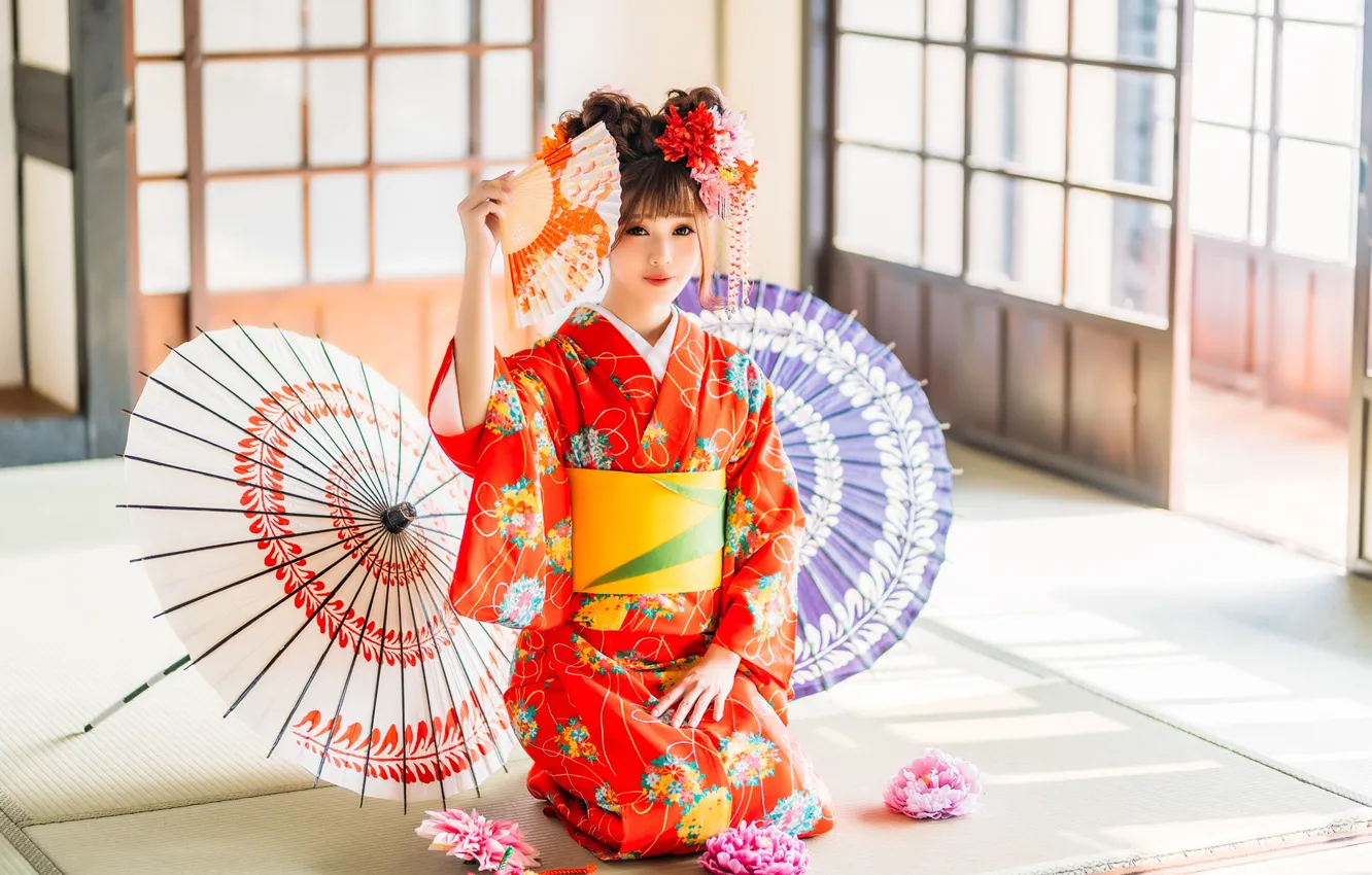 Фото обои стиль, зонтики, кимоно, азиатка