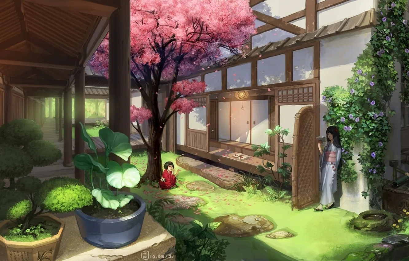 Фото обои дом, девочки, азия, бонсай, сад, сакура, арт, кимоно
