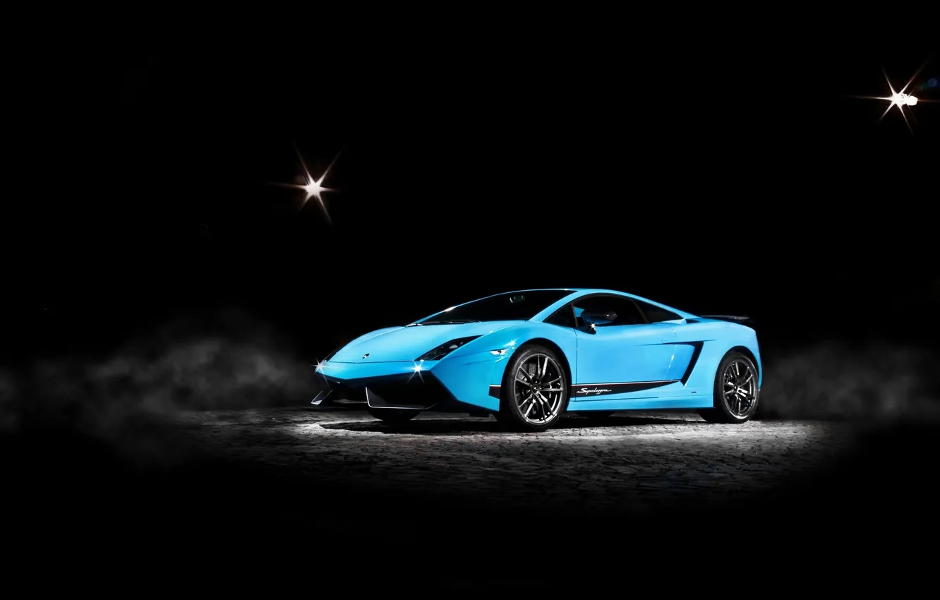 Фото обои свет, голубой, дым, gallardo, lamborghini, вид спереди, blue, ламборгини