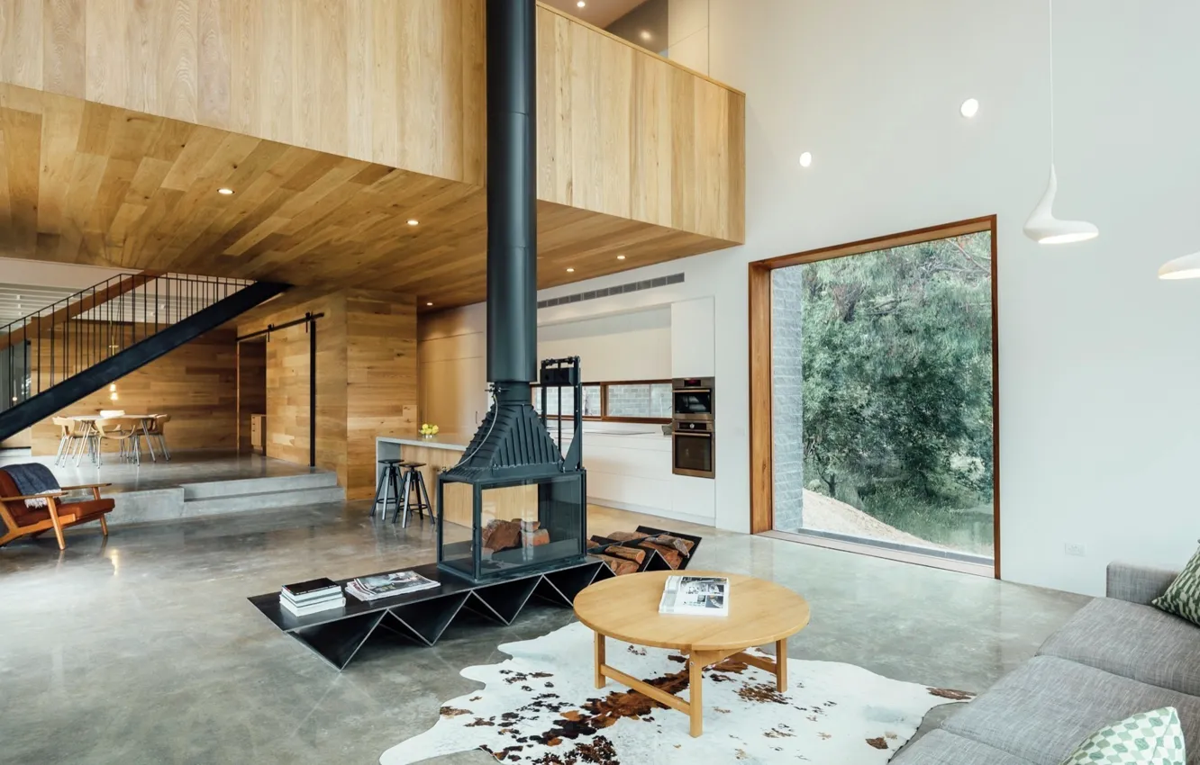 Фото обои интерьер, кухня, камин, гостиная, столовая, by Moloney Architects, Dawes Road House