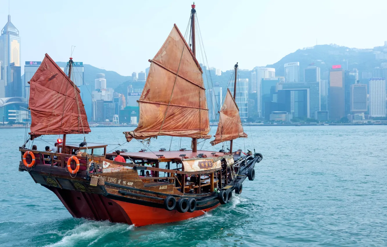 Фото обои здания, Гонконг, гавань, Hong Kong, джонка, Бухта Виктория, Коулун, Kowloon
