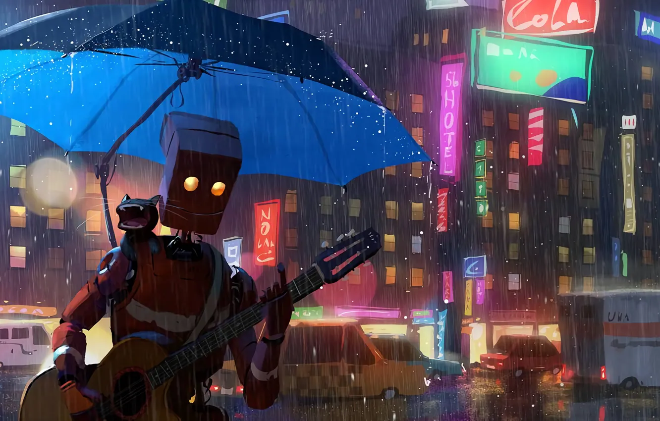 Фото обои city, guitar, fantasy, robot, rain, cars, umbrella, cat