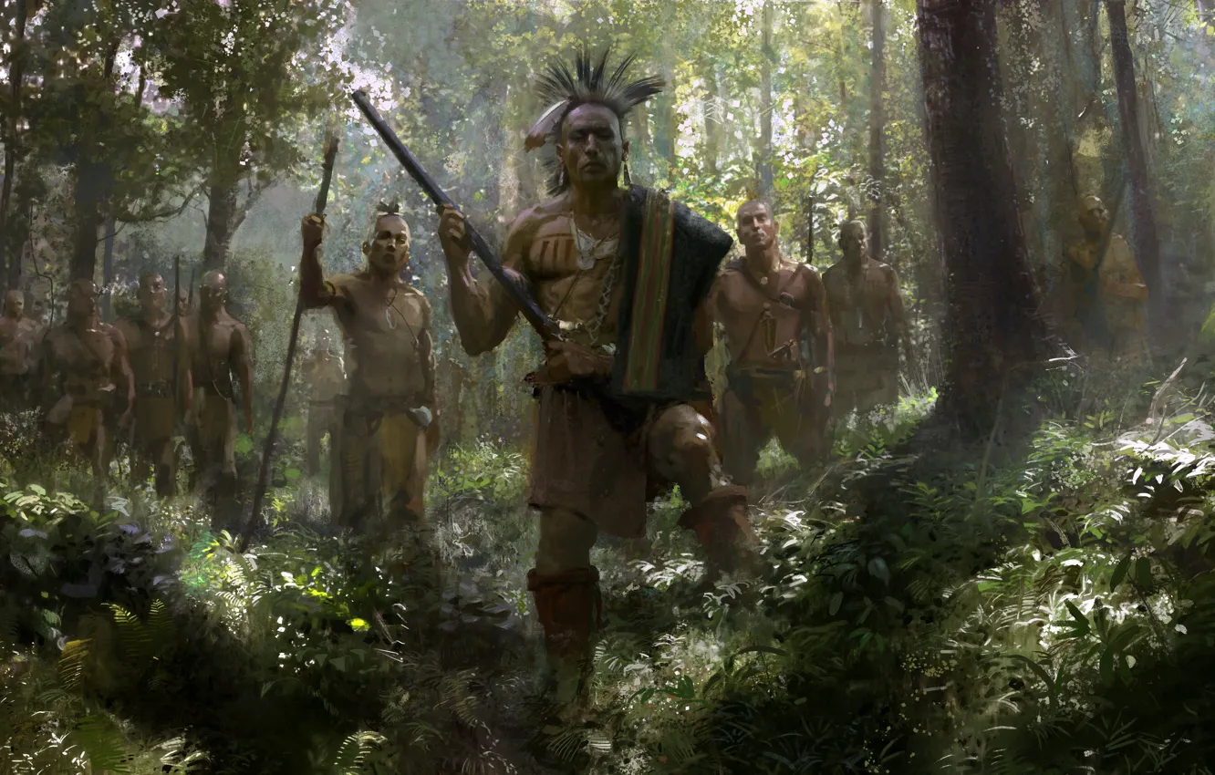 Фото обои Игра, Деревья, Лес, Индейцы, Воины, Age of Empires III