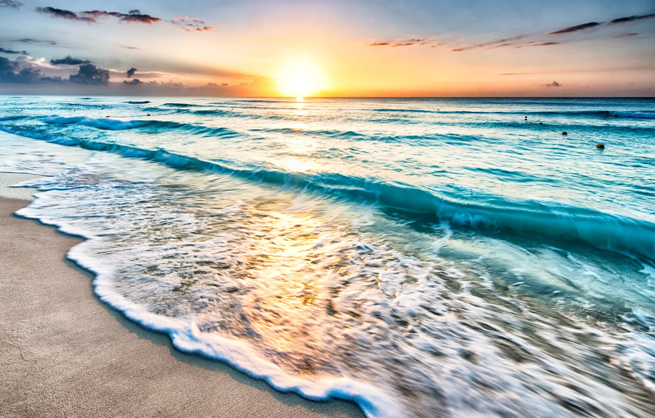 Фото обои песок, море, солнце, рассвет, берег, горизонт, Мексика, прибой
