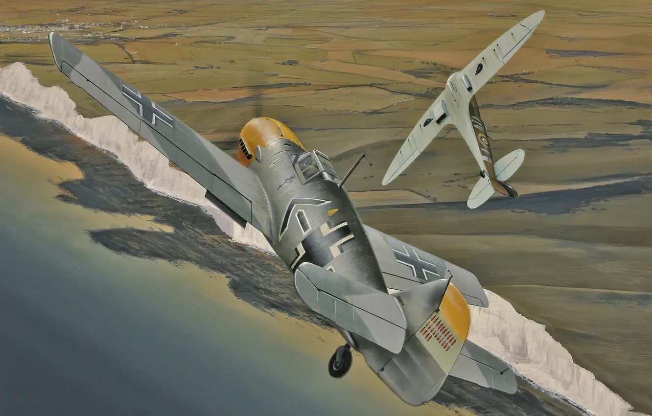 Фото обои war, art, airplane, aviation, ww2, messerschmitt bf 109, supermarine spitfire