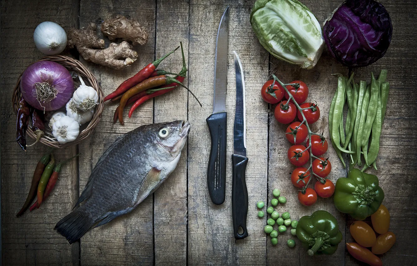 Фото обои рыба, ножи, овощи