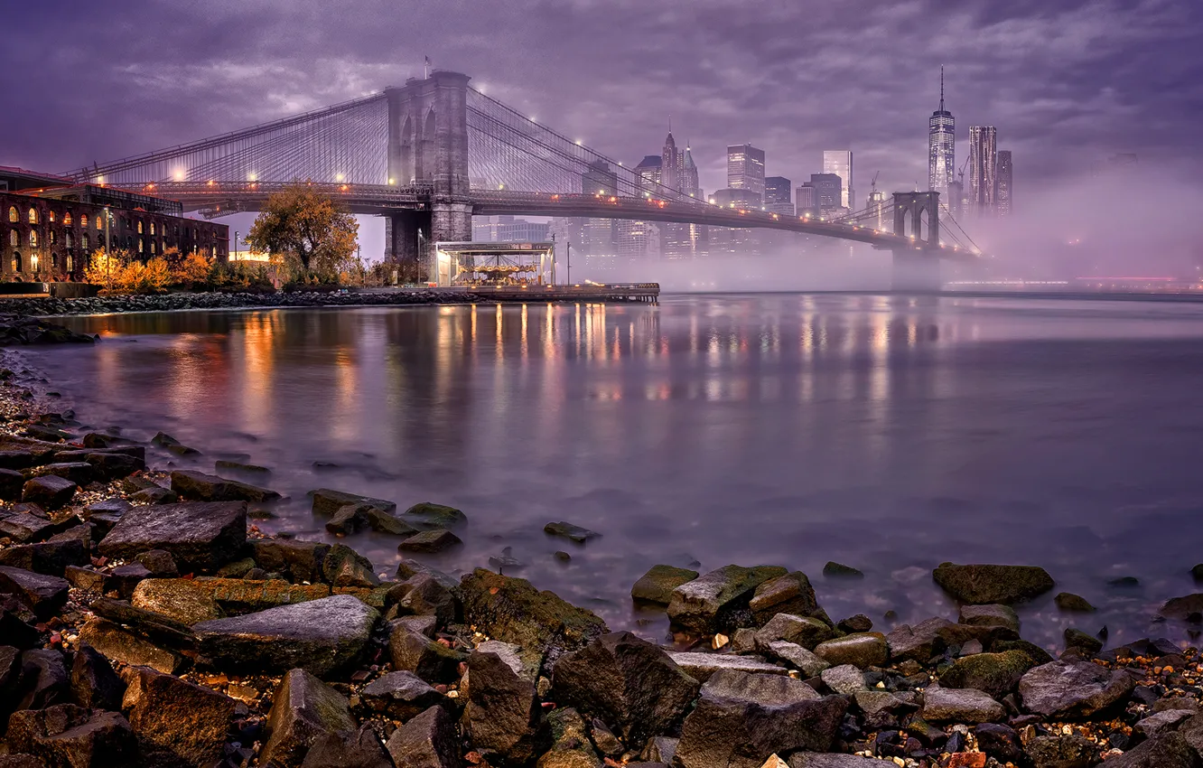 Фото обои ночь, мост, огни, туман, река, дома, Нью-Йорк, залив