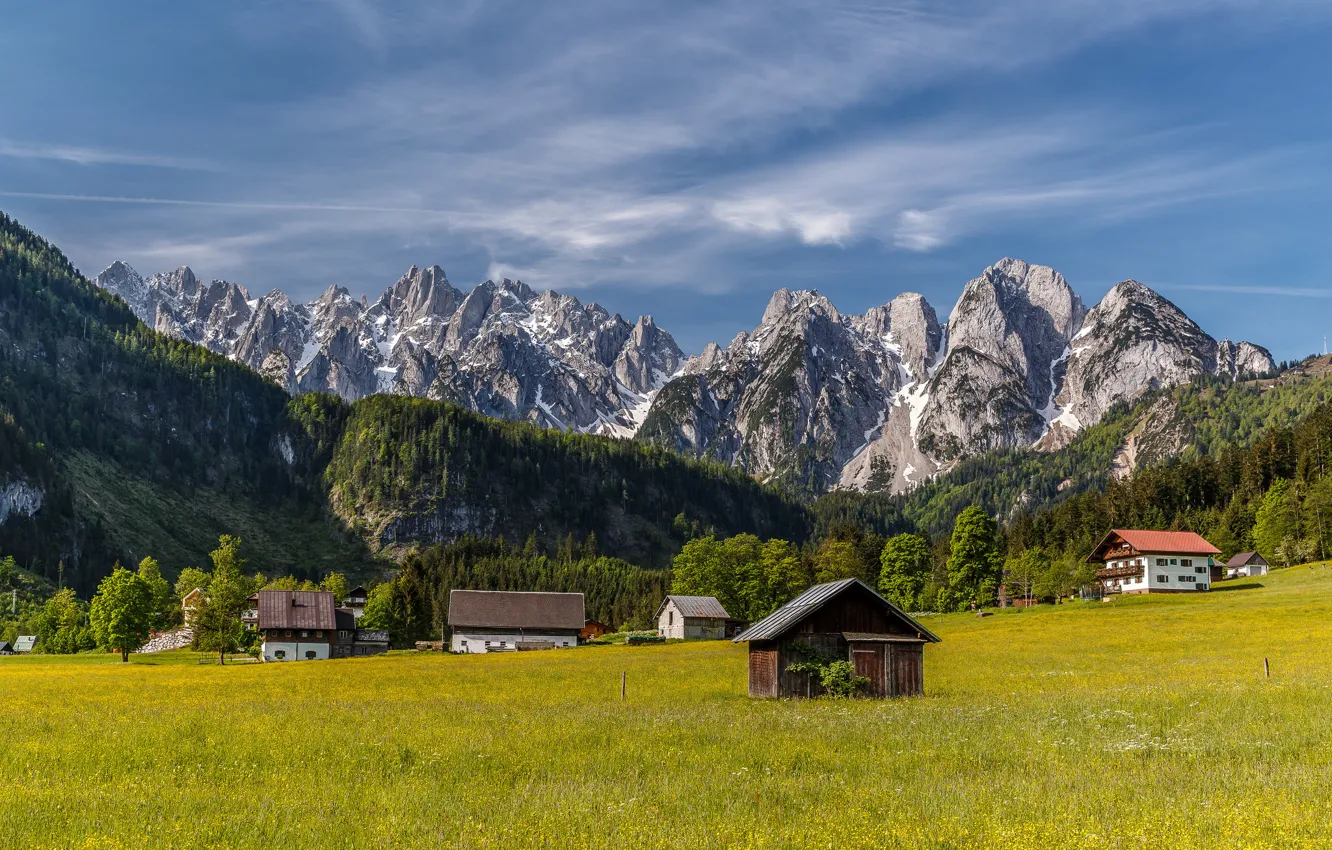 Фото обои горы, дома, Австрия, долина, деревня, Альпы, луг, домики