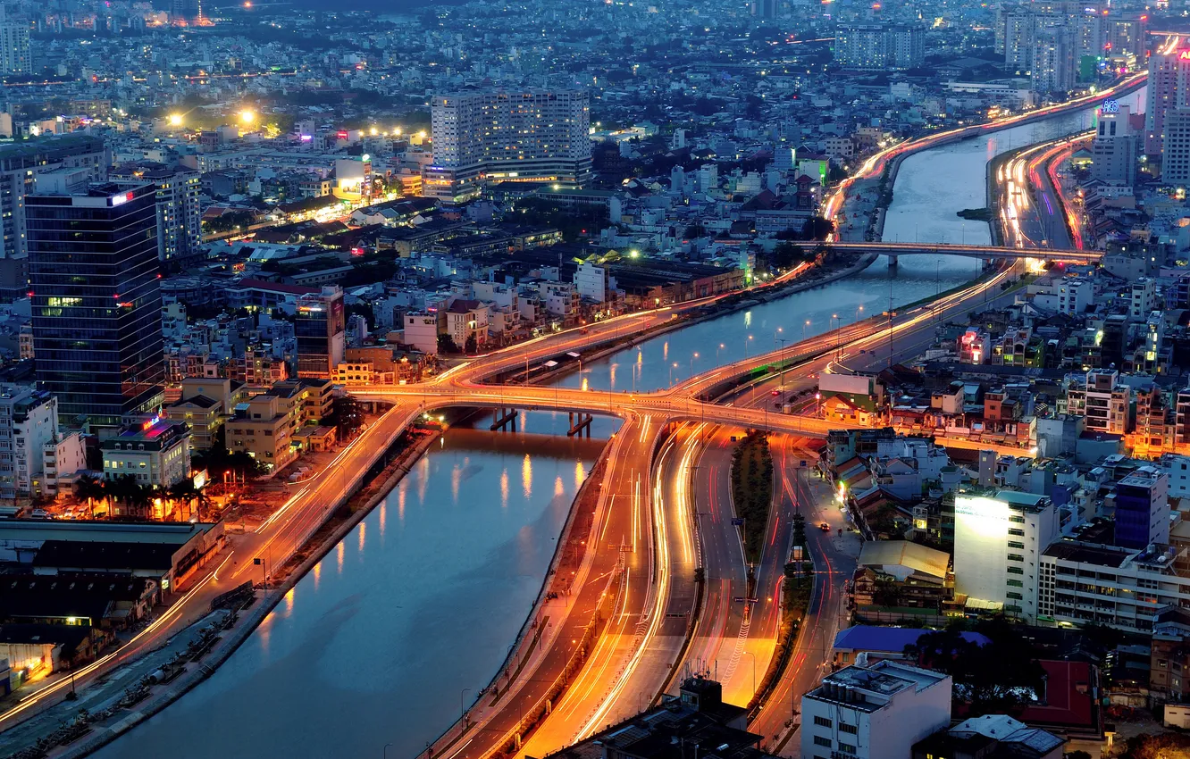 Фото обои река, здания, Вьетнам, мосты, ночной город, Vietnam, Сайгон, Хошимин