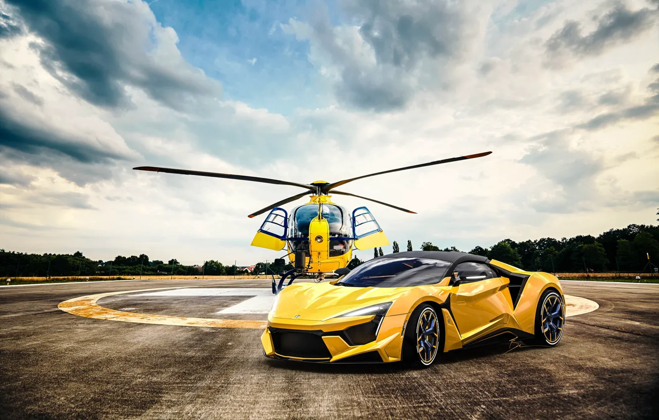 Фото обои Авто, Желтый, Машина, Вертолет, Рендеринг, Supercar, Concept Art, Спорткар