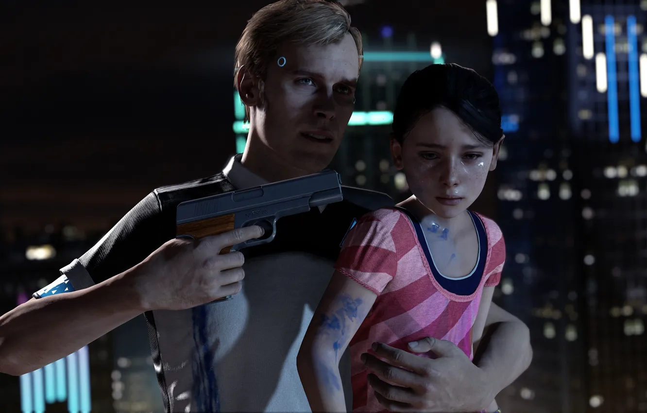 Фото обои girl, gun, pistol, game, weapon, man, kid, Detroit: Become Human