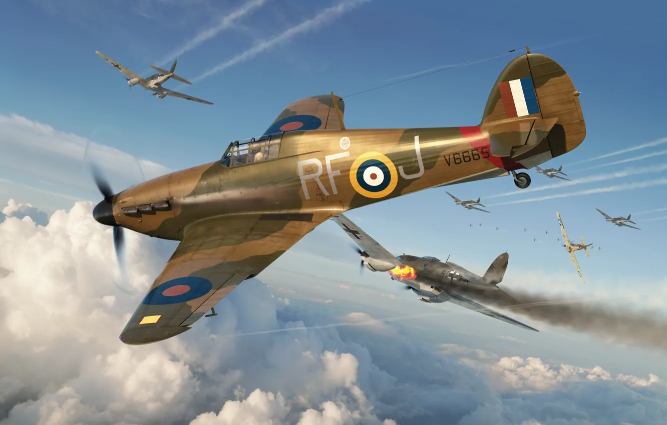 Фото обои Истребитель, Бомбардировщик, RAF, Heinkel He 111, Hawker Hurricane Mk.I