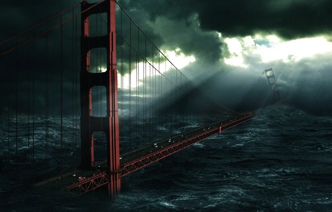 Фото обои волны, разрушения, катастрофа, Мост