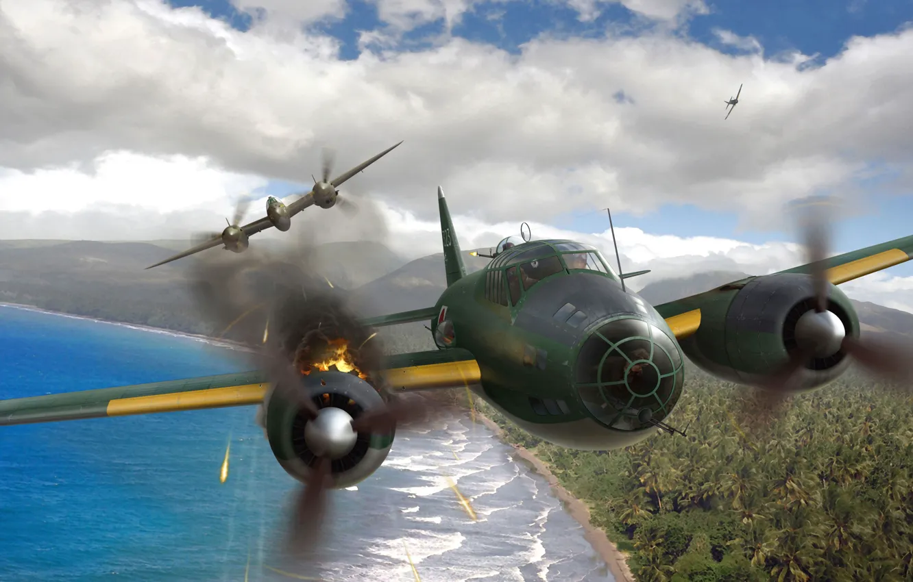 Фото обои Mitsubishi, бомбардировщик, живопись, Lockheed, G4M, тяжёлый истребитель, P-38 Lightning