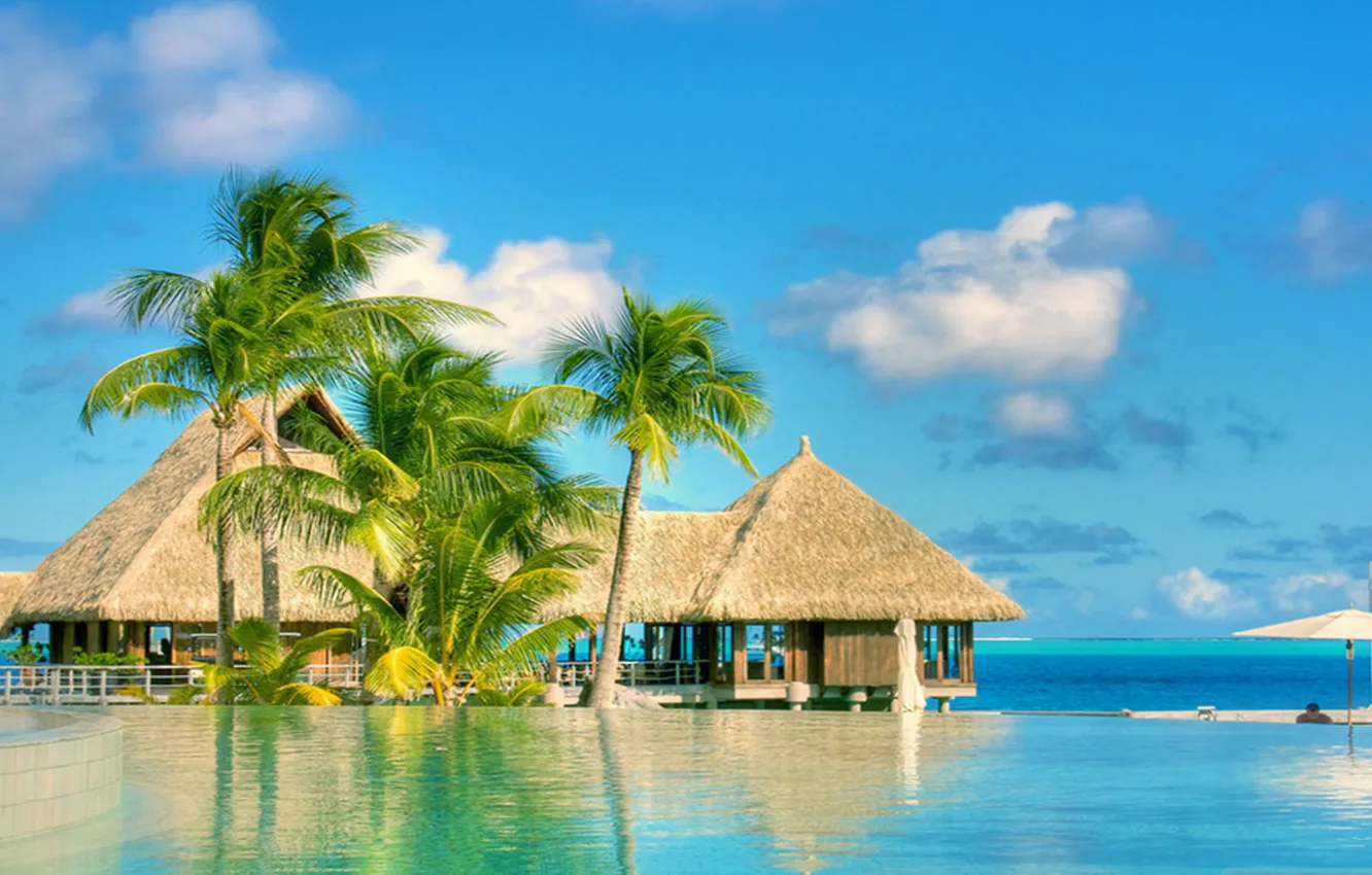 Фото обои тропики, пальмы, океан, бассейн, курорт, экзотика, бунгало