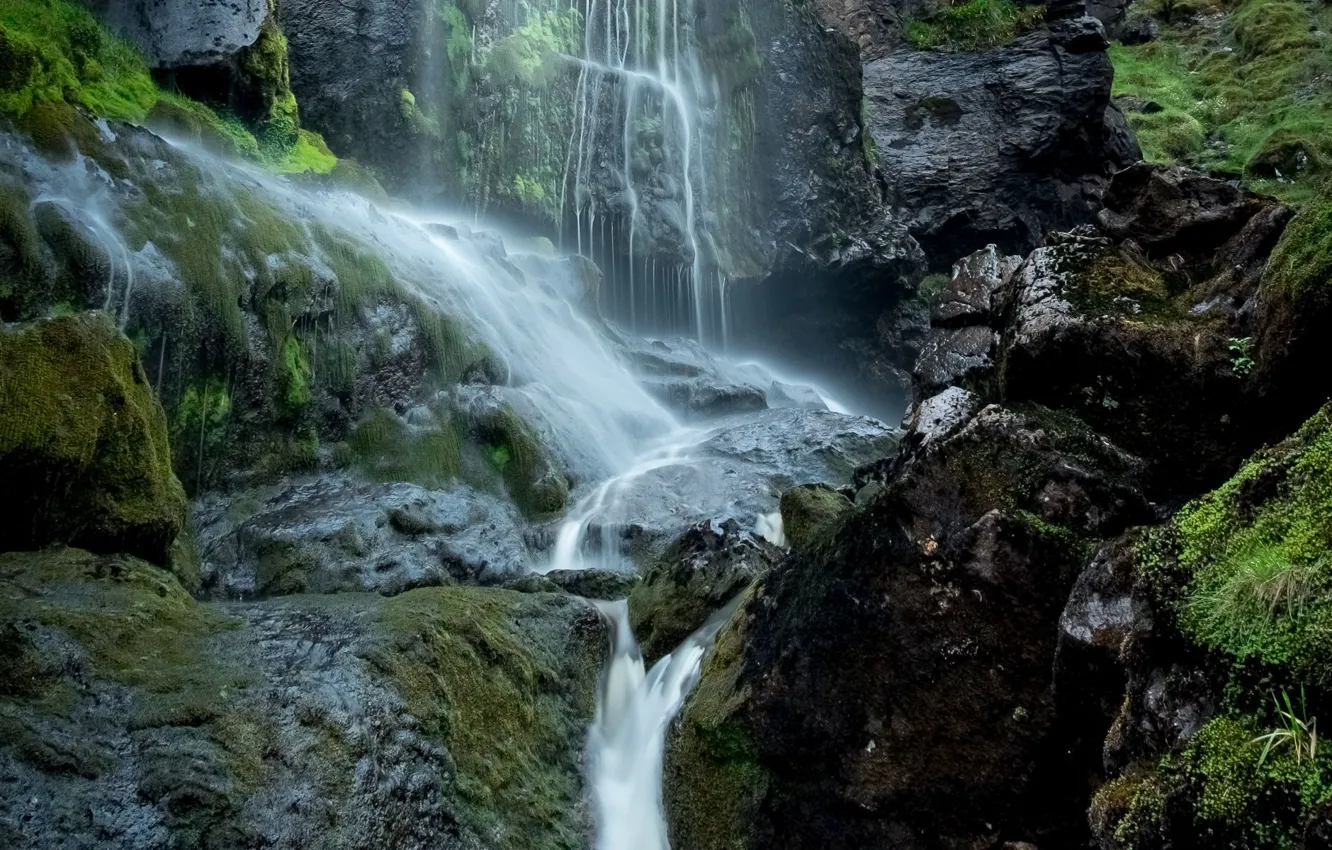 Фото обои природа, камни, скалы, водопад, мох
