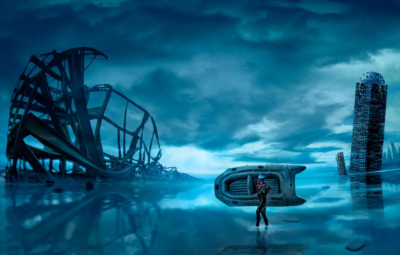 Фото обои вода, ночь, лодка, здание, человек, остов, romantically apocalyptic, tranquility