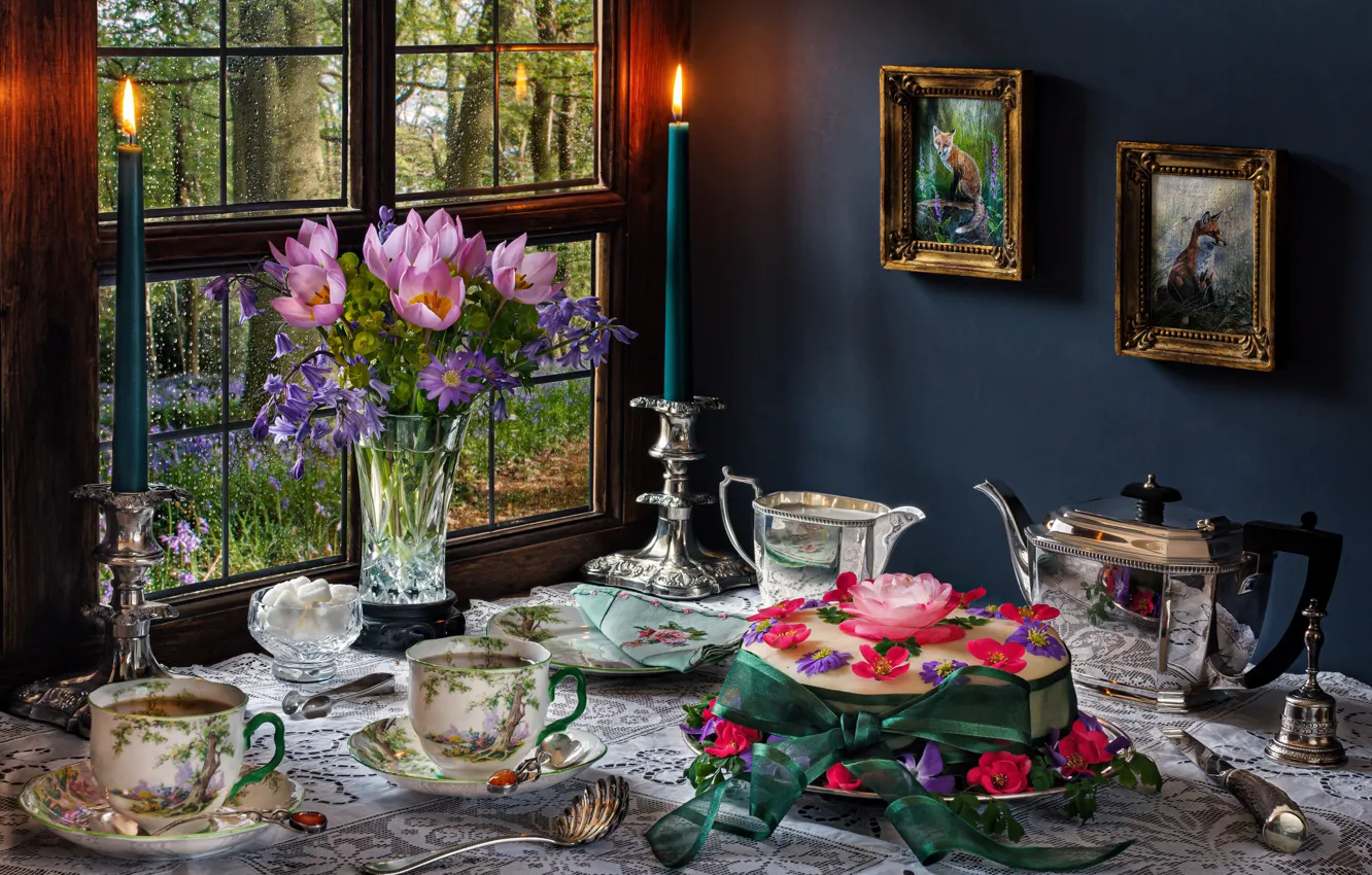 Фото обои цветы, стиль, букет, свечи, чайник, чашки, картины, торт