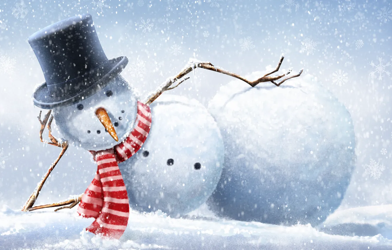 Фото обои зима, снег, снежинки, шляпа, шарф, снеговик