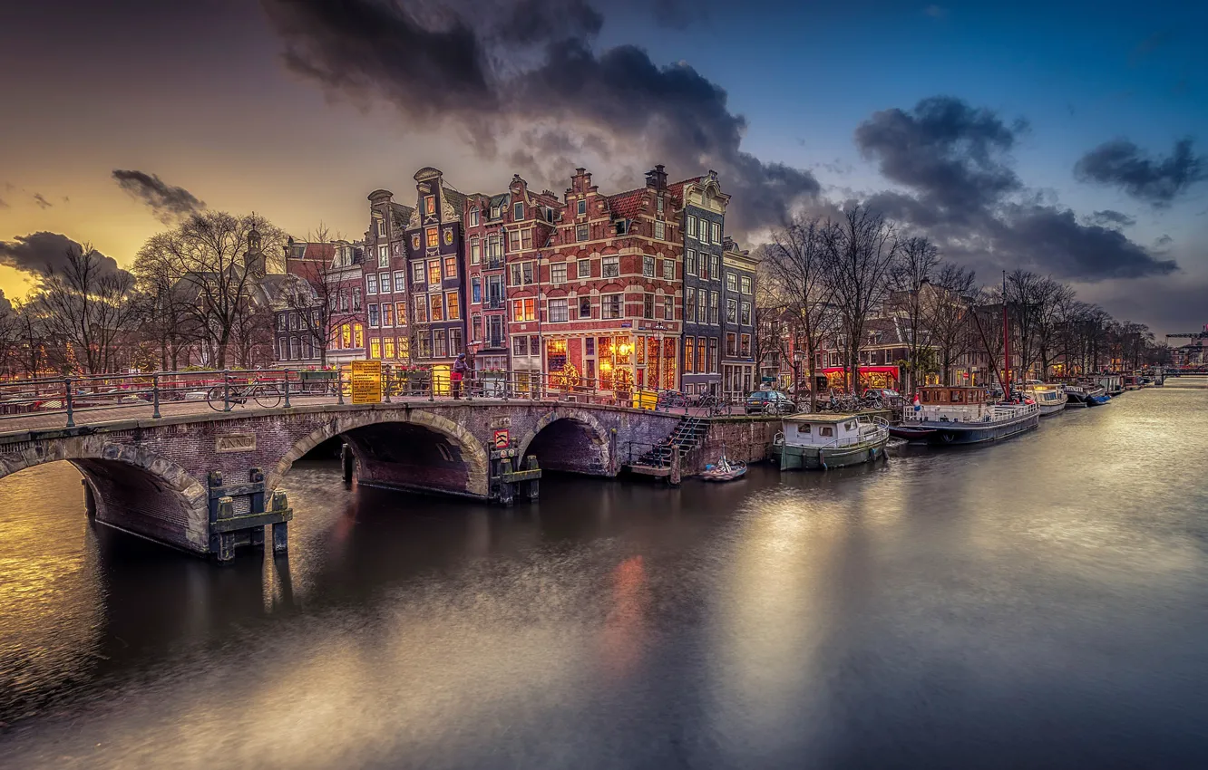 Фото обои тучи, мост, канал, Amsterdam