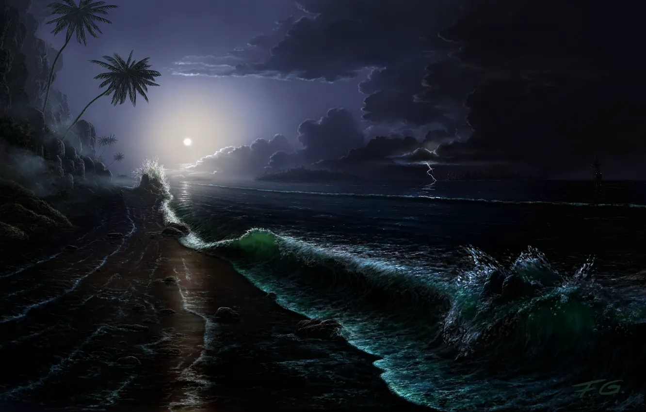 Фото обои море, волны, ночь, тучи, камни, пальмы, скалы, луна