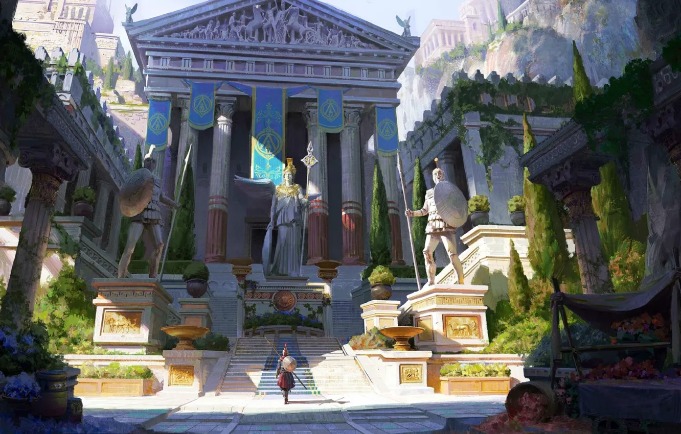 Фото обои лестница, колонны, храм, щит, статуи, копья, знамена, кипарисы