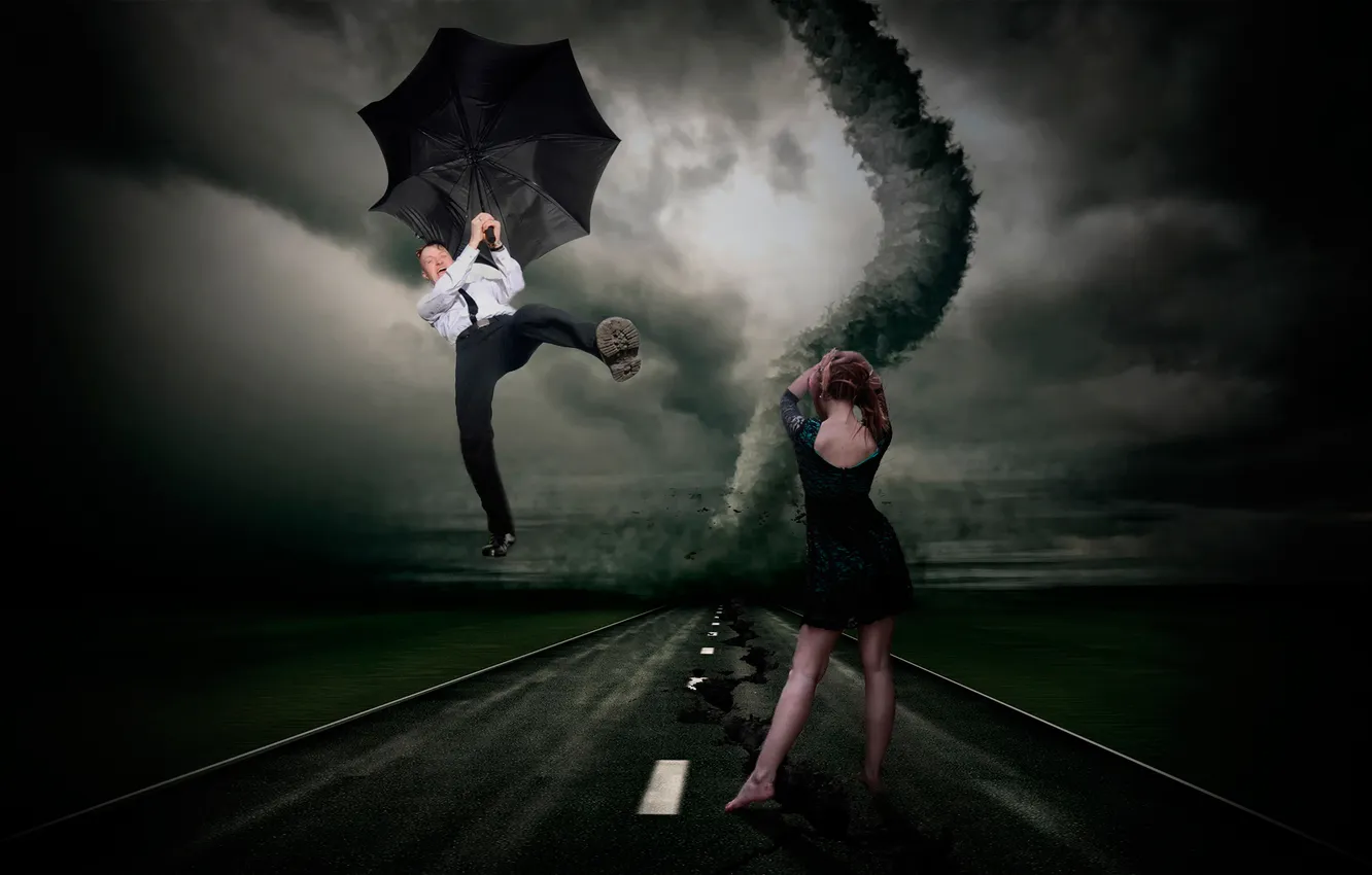 Фото обои девушка, зонт, смерч, торнадо, полёт, парень