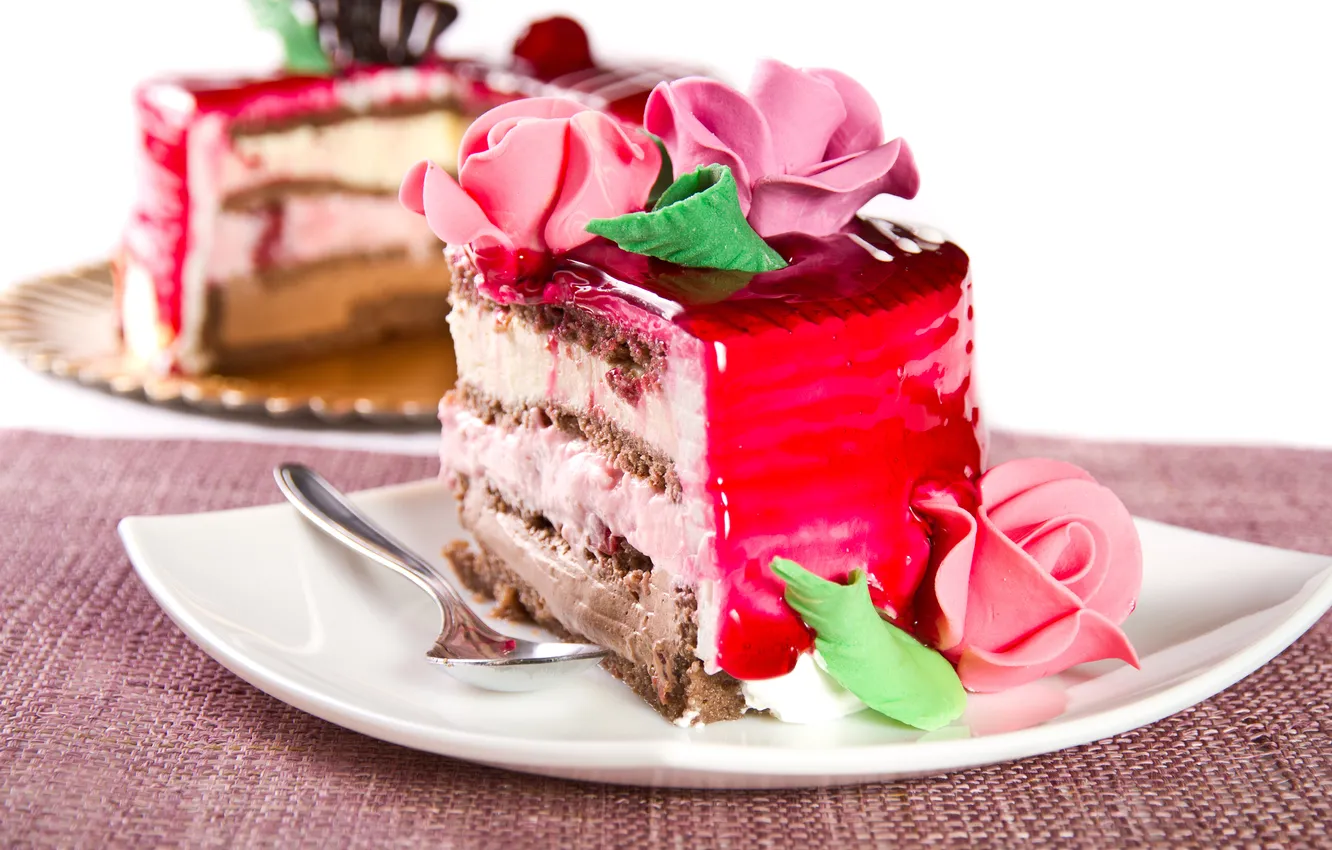 Фото обои розовый, шоколад, розы, торт, крем, десерт, желе, кусочек