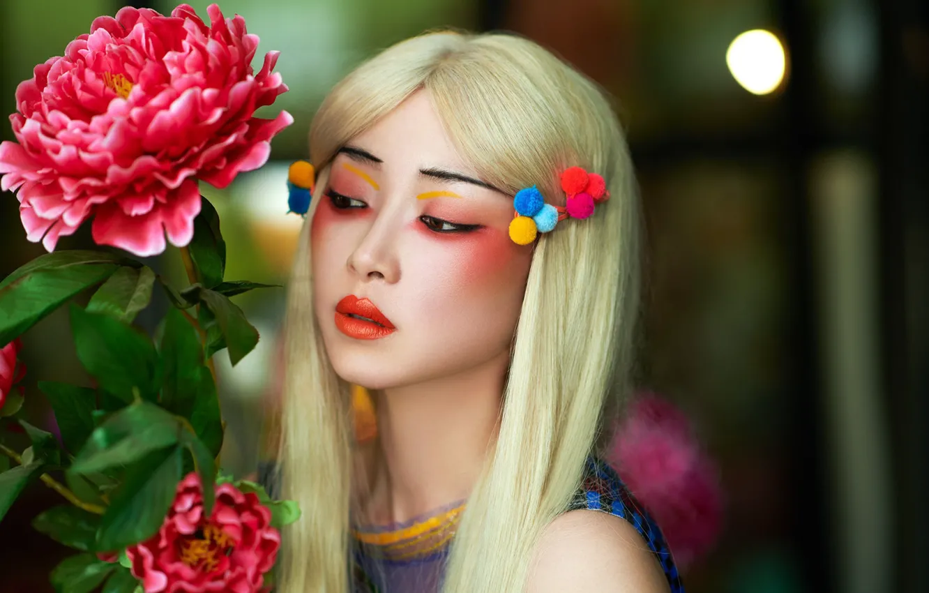 Фото обои цветок, девушка, макияж, азиатка