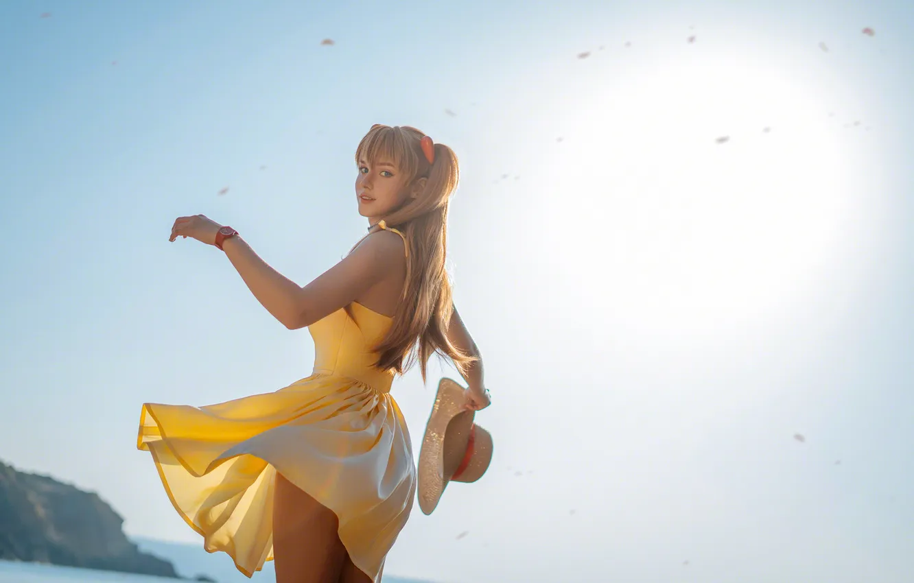 Фото обои девушка, beach, Neon Genesis Evangelion, sky, sea, nature, Asuka Langley Soryu, blue eyes